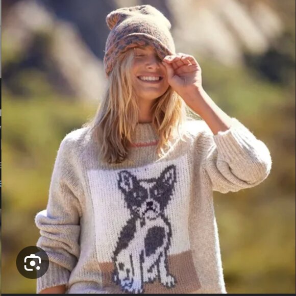 aerie Sweaters - Aerie Oversized French Bulldog Boston Terrier Knit Sweater in Beige Oatmeal